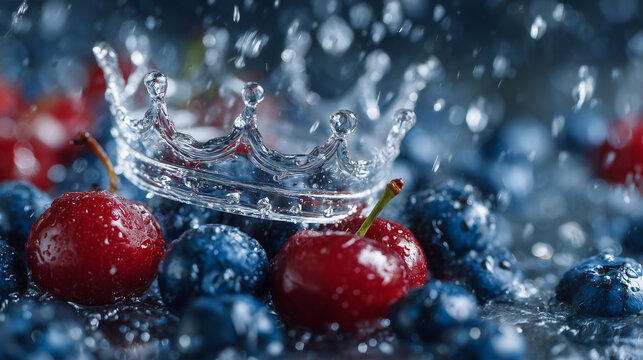 Red and blue berries plunge into cold water creating a crown splash effect, water droplets sparkle like glass, vibrant freshness and organic healthy food symbolism