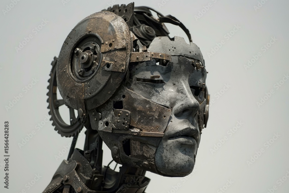 Poster mechanical parts creating a futuristic robot face showing artificial intelligence
