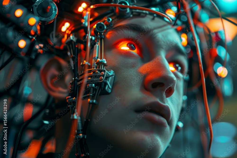 Poster futuristic brain computer interface being worn by man with glowing eyes in cyberpunk style