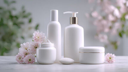 Elegant white skincare bottles and cream jars arranged in a serene spa environment, embodying wellness, beauty routines, relaxation, and self-care rituals through gentle motion.