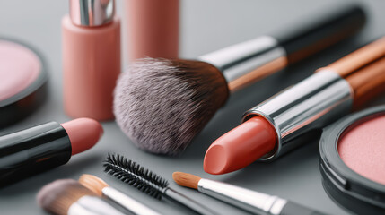 Elegant makeup artist tools and cosmetics displayed on a smooth gray surface, softly illuminated to highlight their intricate details and luxurious finishes