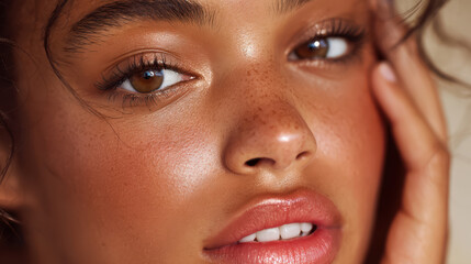 Confident Woman Radiating Inner Beauty, close-up of a woman showcasing glowing skin, subtle makeup, expressive eyes, and soft lips, celebrating self-care and confidence.