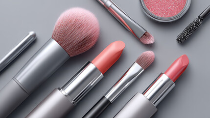 Elegant makeup tools and cosmetics artfully displayed on a smooth gray surface, illuminated by gentle lighting, showcasing beauty essentials in a stylish arrangement