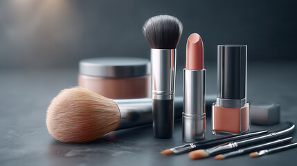 Elegant makeup tools and cosmetics displayed on a smooth gray surface, showcasing an artistic arrangement, illuminated by gentle, diffuse light for a refined look