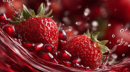 Crisp isolated splash of bright red juice from strawberries and pomegranate, droplets flying in all directions, fluid wave captures motion and freshness fruity cocktail essence