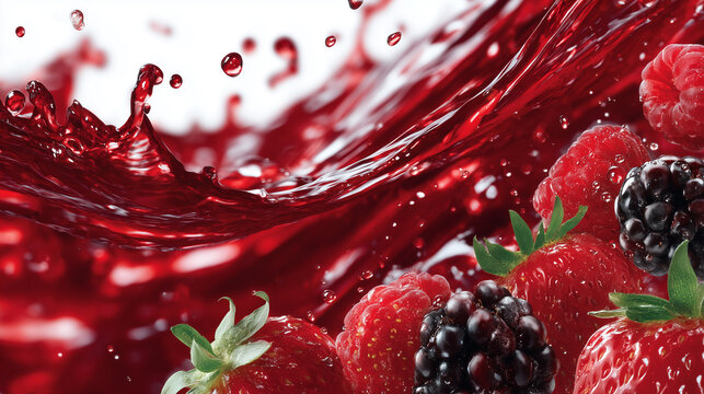 Energetic splash of red berry compote juice with smooth liquid wave, flying droplets, and blackberry, strawberry pieces suspended inside splash against white backdrop natural fruit