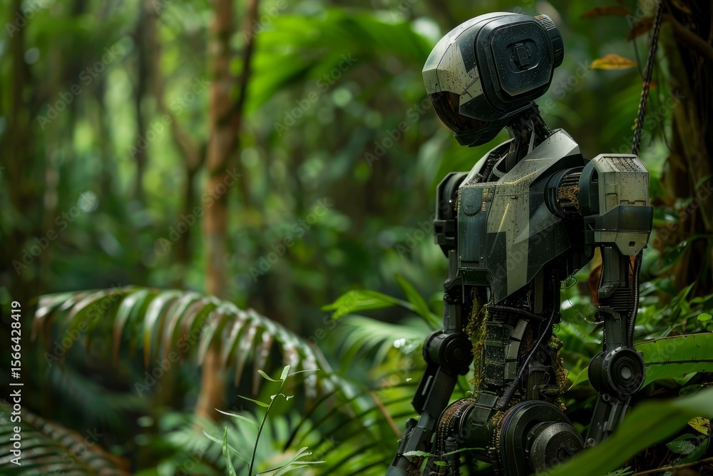 Poster advanced robot navigating dense jungle vegetation, showcasing the integration of technology and natu