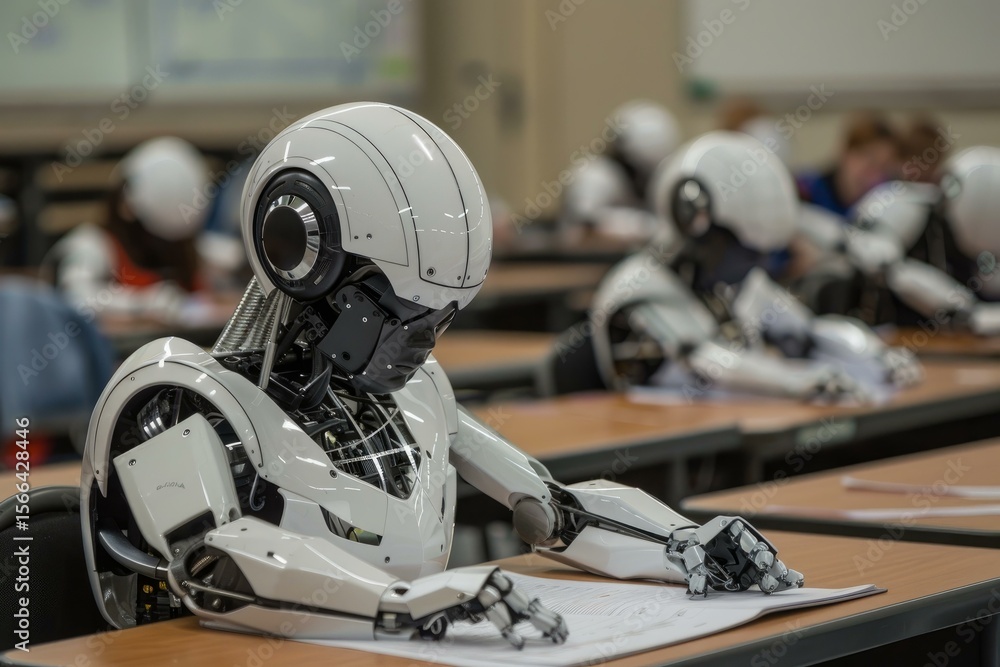 Aufkleber humanoid robots sitting at desks in a classroom, engaging in learning activities and studying