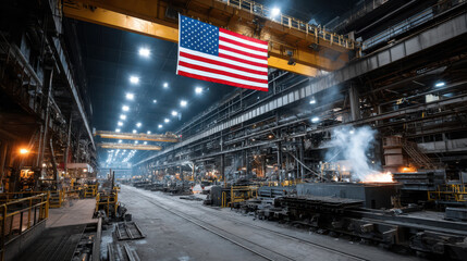 Steel Industry Spirit, vibrant American flag proudly displayed over an active steel production line, showcasing the heart of national manufacturing and resilience.