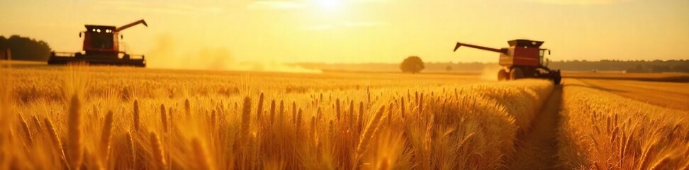 Obraz premium Golden Hour Wheat Harvest Abundant Barley Field Ready for Combines, Picturesque Rural Scene