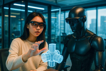 A girl and an android wearing augmented reality glasses are working together on a digital prototype. The girl controls a translucent 3D model. Modern coworking space
