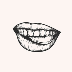 Smiling mouth sketch. Hand drawn retro plump lips with tongue and open teeth. Vector illustration isolated on bright background.