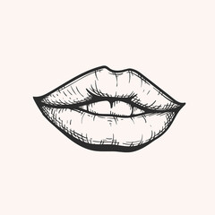 Hand drawn female sexy lips. Sketch style vintage retro drawing. Isolated on white background
