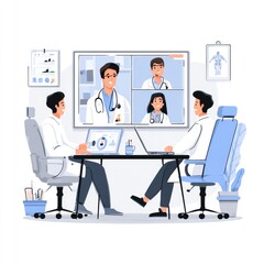 Online conference of doctors, white background. Flat illustration, modern hospital interior. 