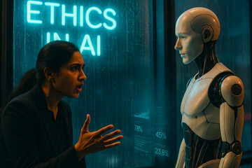 A woman chastises an android in dark office, it's raining outside. A showdown. Ethics and artificial intelligence