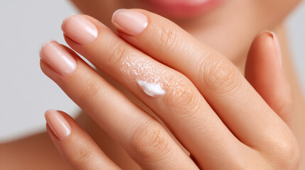 Nourishing Moisturizer Application, a close-up view of a woman's hand gently applying cream, showcasing skin texture and the soothing action of skincare on a clean background.