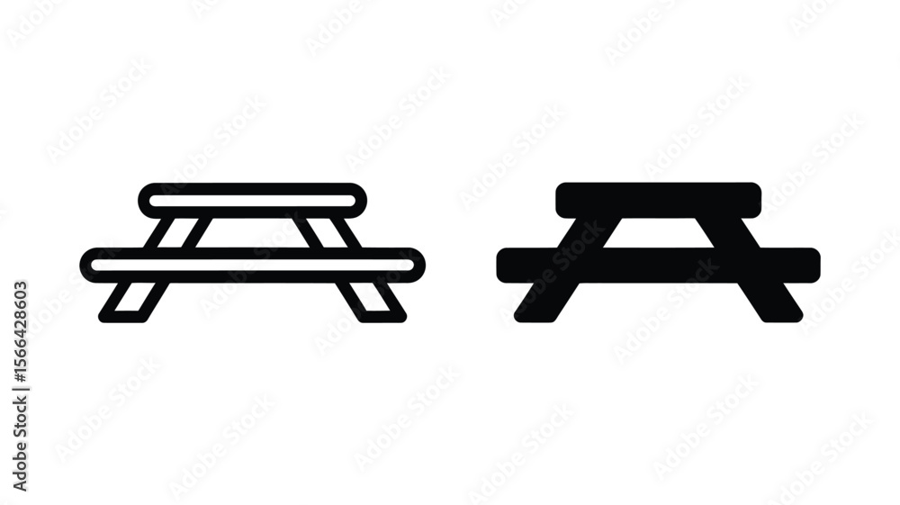 Poster vector art of a picnic table icon is shown in both outline and solid black styles