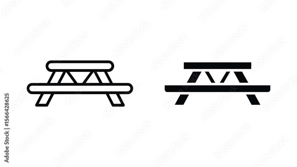 Poster vector art of a picnic table icon is depicted with both outline and solid black fills