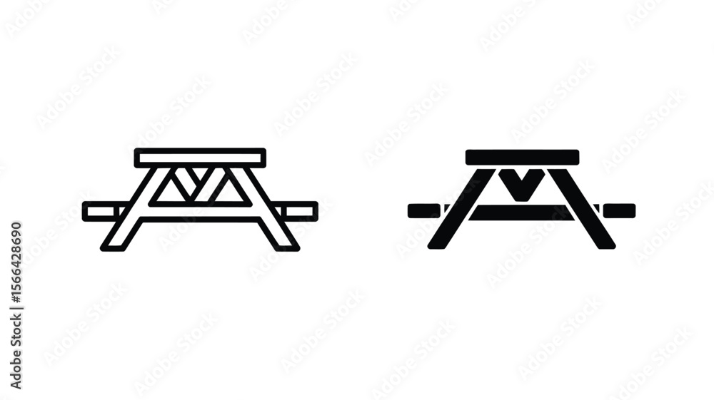 Poster vector art of a picnic table icon is presented in both outline and solid black versions