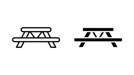 Vector art of a picnic table icon is depicted with both outline and solid black fills