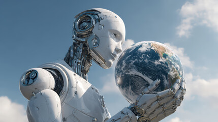 Humanoid AI Embracing Earth, a futuristic robot representing climate advocacy, symbolizing agentic autonomy dedicated to promoting global sustainability and environmental care