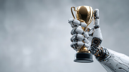 AI Excellence Award Ceremony, Celebrating innovation with a robotic hand grasping a trophy labeled AI Agent, representing superiority in automation and performance achievements