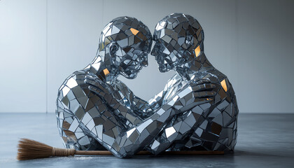 Reflective embrace of two mirrored figures in a modern art space