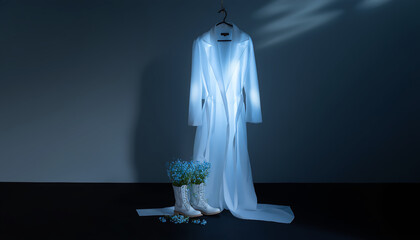 Elegant display of a white robe with floral accents in soft light