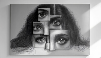Monochrome art with multiple eyes and flowing hair