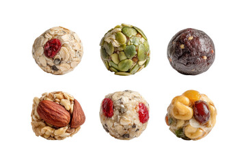 PNG Assorted nut and seed energy balls with dried fruits on black background