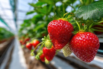 Ripe Strawberries Growing in Greenhouse