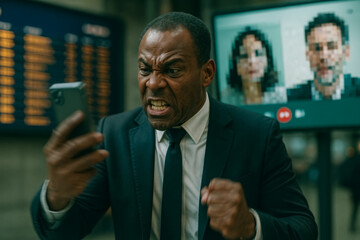 A middle-aged black man in a suit is emotionally angry at a frozen smartphone. Poor communication in the office