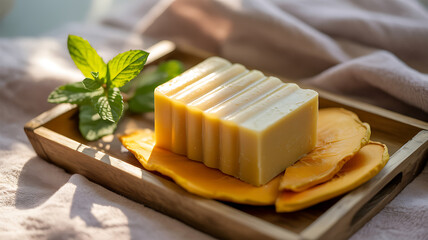 A bar of handmade pumpkin soap rests on a wooden tray with fresh mint leaves and pumpkin slices
