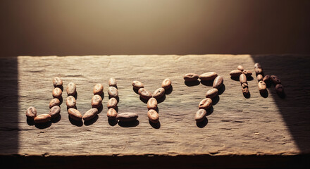World Chocolate Day - July 7th - Cocoa Beans Arranged on Wooden Surface