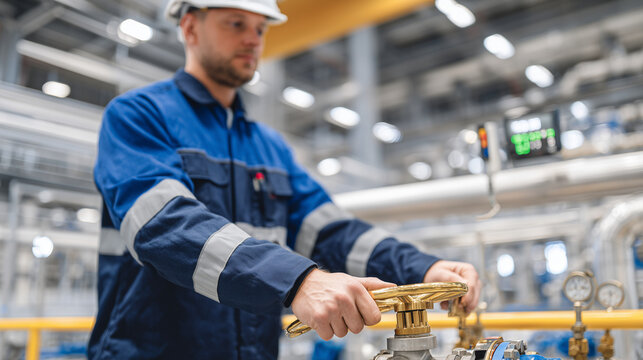 Close shot of operatorâs hands turning gold-plated valve controls on industrial metal refining equipment, complex pipeline system with gauges and meters, factory background