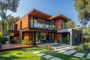 Fototapeta premium Modern two-story minimalist cubic house with wooden cladding and concrete walls, enhanced by a landscaped front yard. Residential architecture exterior, Generative AI