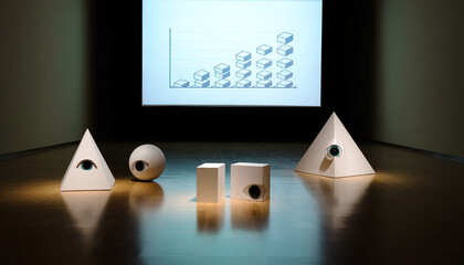 Art installation showcasing geometric shapes and data visualization