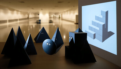 Exploring shapes and shadows in a modern art studio at dusk