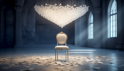 Elegant chair below a stunning chandelier in a dimly lit space