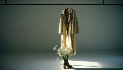 Vintage coat with fresh flowers in a minimalist studio