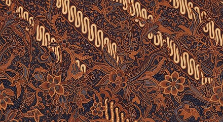 Intricate Indonesian Batik Textile Design Rich Brown and Dark Blue Floral Pattern