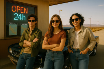 A young company, a guy and two girls pose in front of a car at a gas station during a car trip