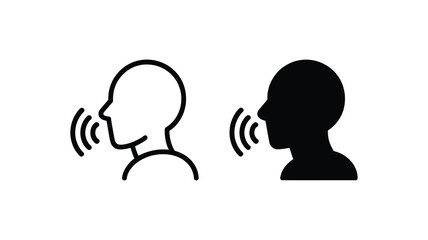 Vector art of a person speaking is depicted in black outline and black fill isolated on white background