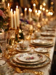 Fototapeta premium Elegant candlelit dinner setting with porcelain tableware