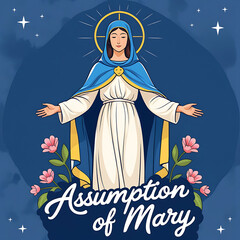 Fototapeta premium Virgin Mary Assumption Blue Robe Pink Flowers Night Sky