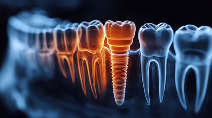 Detailed view of dental implants in a jawbone model showcasing teeth replacement technology and surgical planning techniques