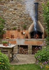 Rustic Outdoor Kitchen with Brick Oven and Stone Wall