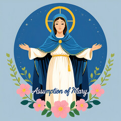 Virgin Mary Assumption Blue Robe Pink Flowers image 