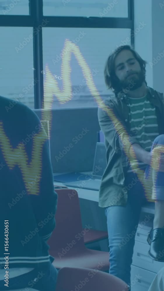 Aufkleber animation of data processing and diagrams over diverse colleagues talking in office