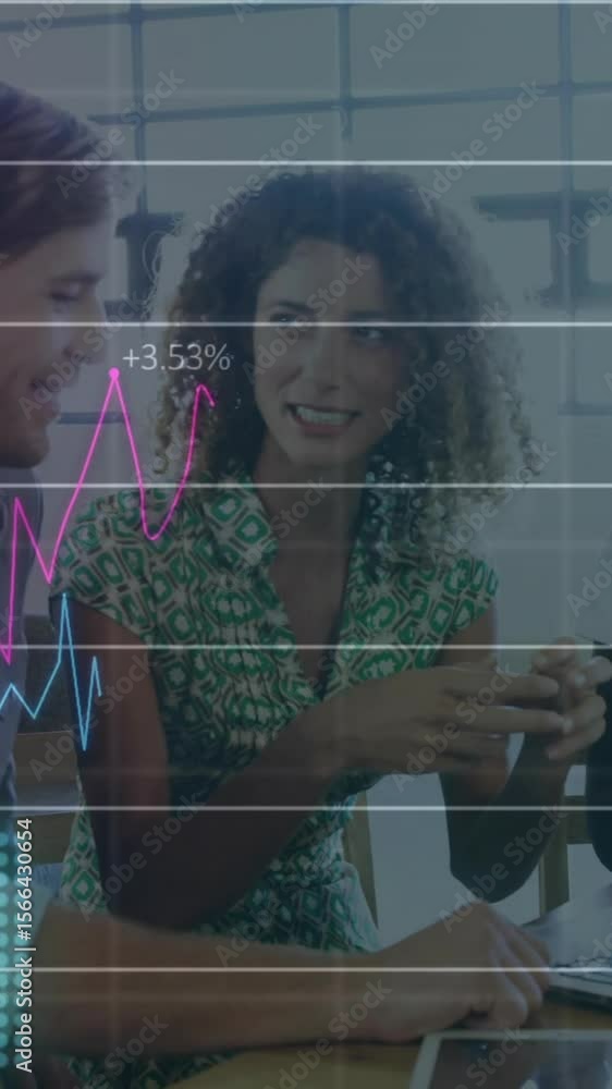 Aufkleber animation of financial data processing over diverse colleagues discussing work in office